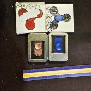 Lot of 4 Fidget Spinners Red & Blue Metal In Boxes Stress Relief Toys